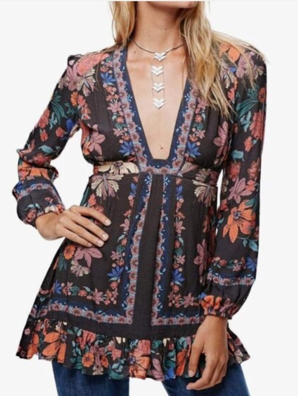 Free People Violet Hill Printed Tunic Long Sleeve Boho